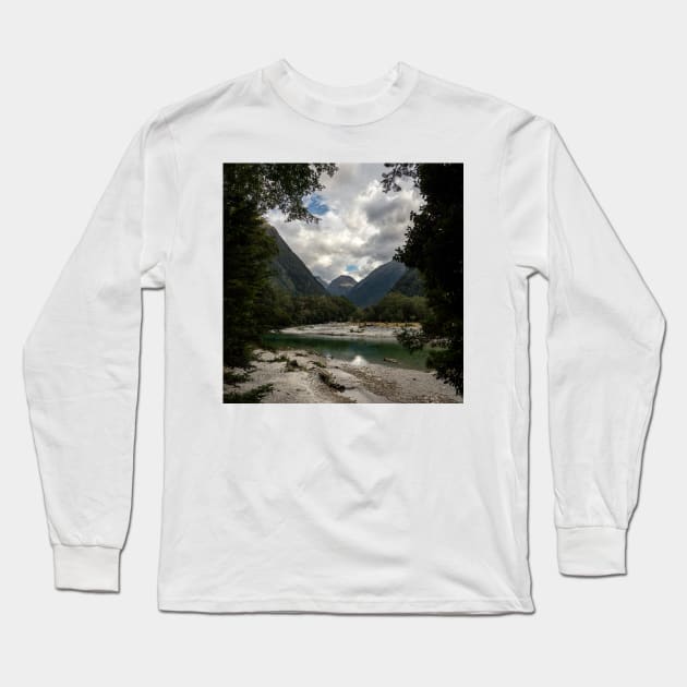 River with a View on a Mountain Framed by Trees Long Sleeve T-Shirt by Danny Wanders